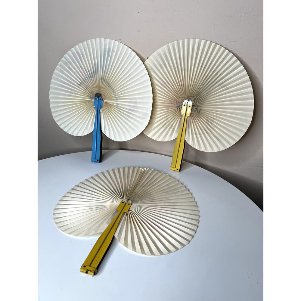 Vintage 1949-1960 PRC Set of 3 Paper Hand Fans Folding Bird Flowers Metal Handle - Picture 9 of 10